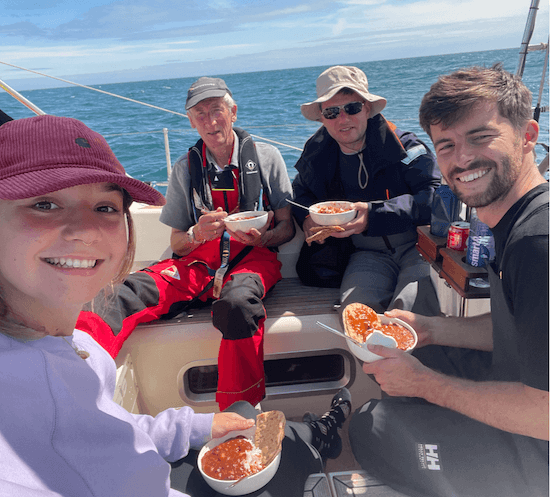 Lunch on sailing yacht with owner, skipper and crew. Swansea to Isle of Man.