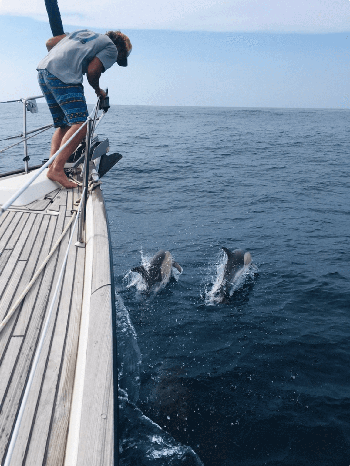 Dolphins in Bay of Biscay. Sailing yacht Beneteau Oceanis delivery. North West Spain to Dover marina English channel.